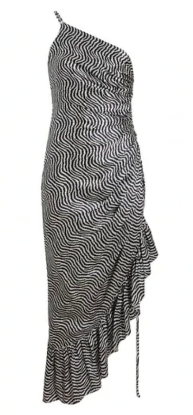 Cinq a Sept Dress Womens 2 Navy White Silk Midi Christel One Shoulder Asymmetric
